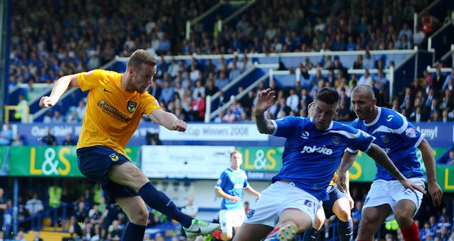 Deane Smalley scores for Oxford at Fratton Park