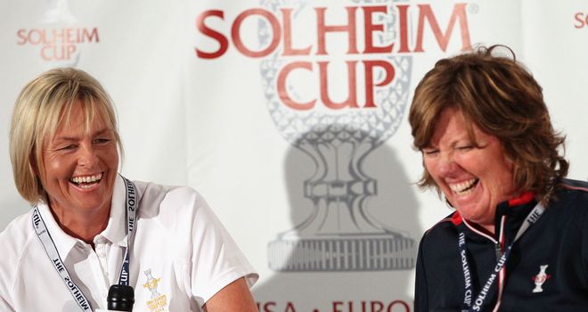 Solheim Cup skippers Liselotte Neumann and Meg Mallon at Friday's opening ceremony in Colorado