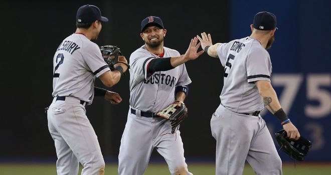Shane Victorino (c) is congratulated by Jacoby Ellsbury and Jonny Gomes
