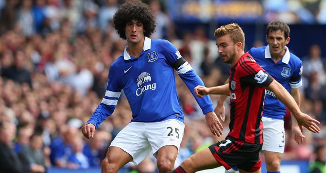 Marouane Fellaini was denied by the post in Everton's draw with West Brom