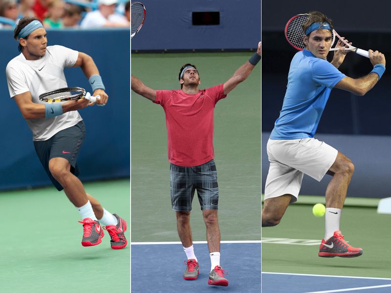 Read, white and blue: Rafael Nadal, Juan Martin Del Potro and Roger Federer in Nike's US Open range