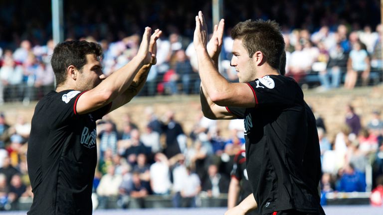 Andrew Little (right) celebrates his goal with Richard Foster