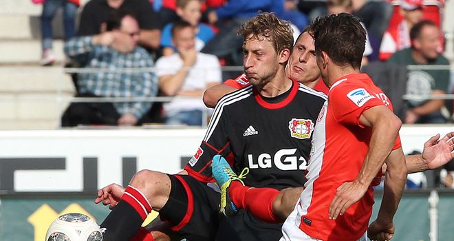 Leverkusen's Stefan Kiesling and Yunus Malli of Mainz