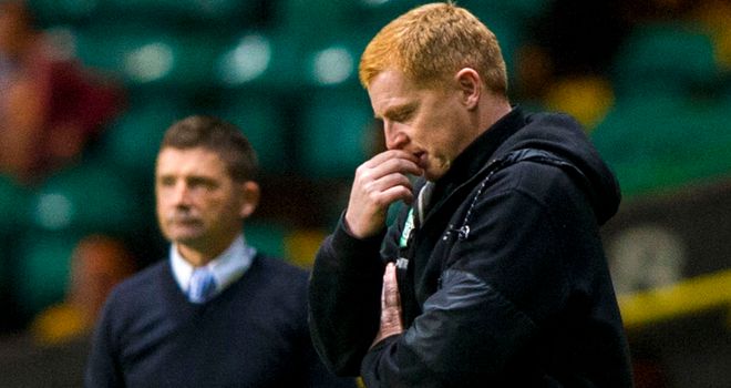 Neil Lennon: Dejected during Celtic's loss to Allan Moore's Morton