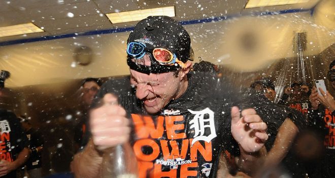 Max Scherzer celebrates Detroit's title win after helping toss a shutout against the Twins