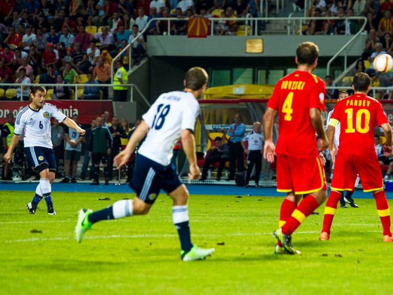 Shaun Maloney scores Scotland's winner in Macedonia.