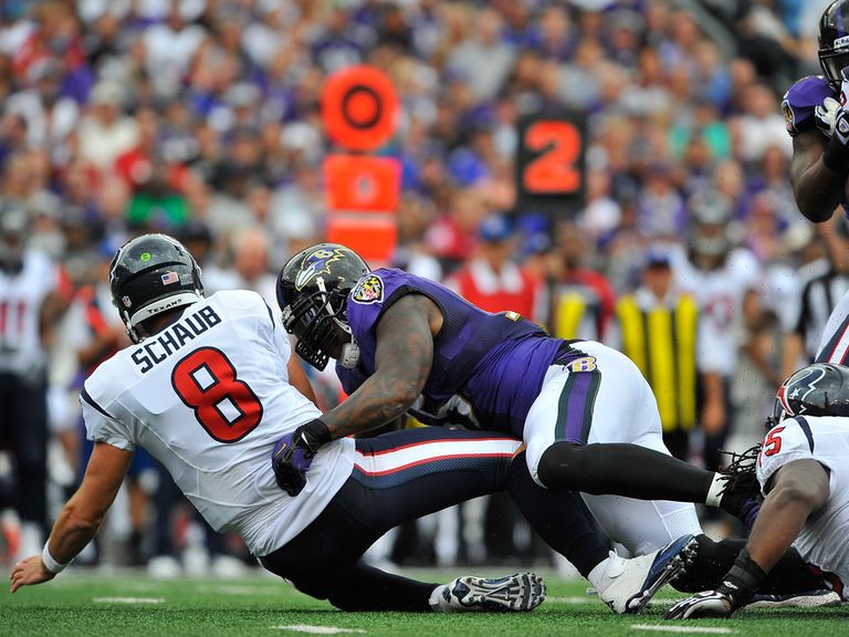 Terrell Suggs gets to Schaub for the sack