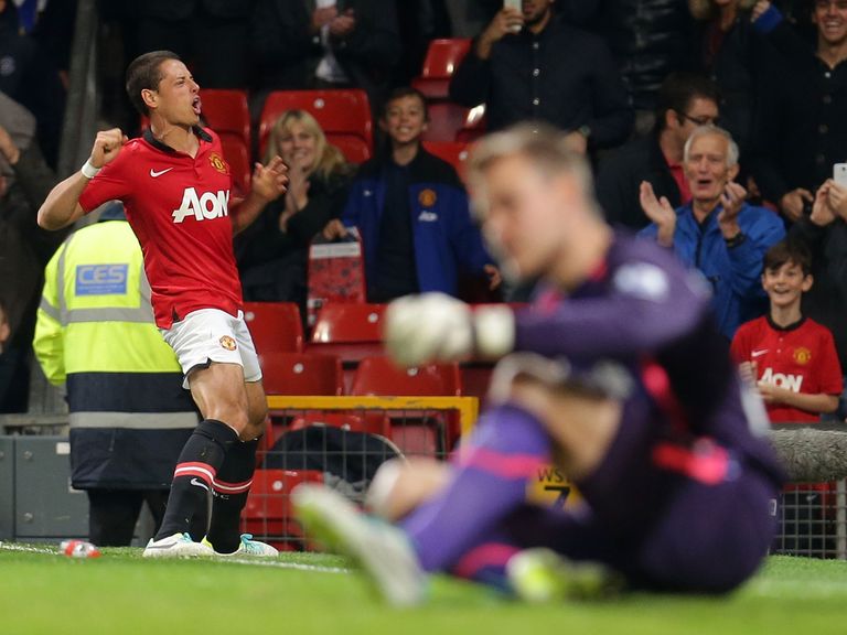 Javier Hernandez celebrates his winner against Liverpool.
