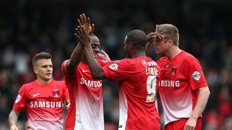 Moses Odubajo and Kevin Lisbie: Celebrate goal