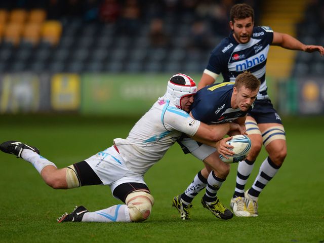 Sale's Dwayne Peel is tackled by Cam Goodhue