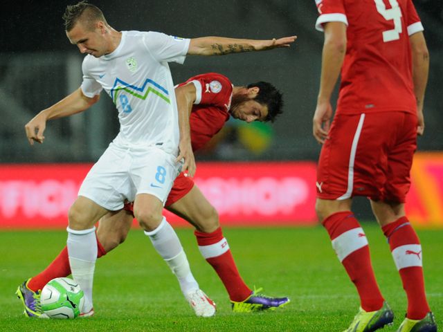 Jasmin Kurtic and Blerim Dzemaili tussle for the ball