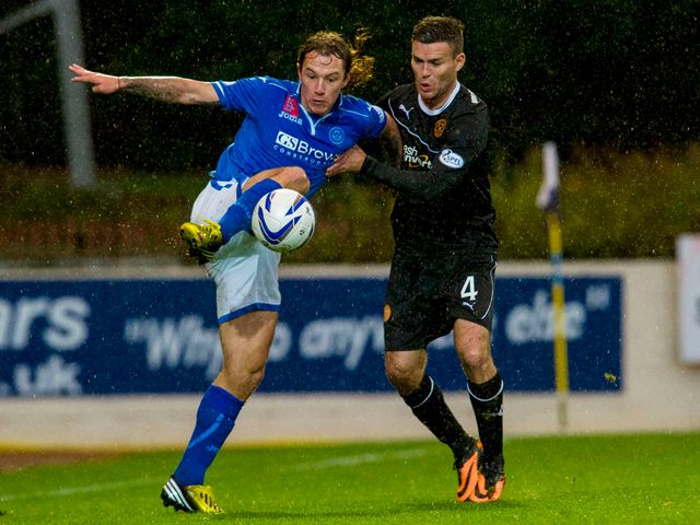 Stevie May is kept in check by Simon Ramsden.