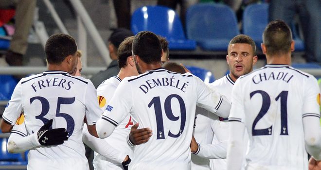 Tottenham celebrate their opening goal on the way to a 2-0 win over Anzhi Makhachkala