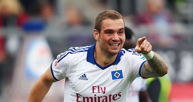 Pierre-Michel Lasogga celebrates scoring for Hamburg