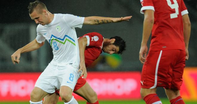 Jasmin Kurtic and Blerim Dzemaili tussle for the ball
