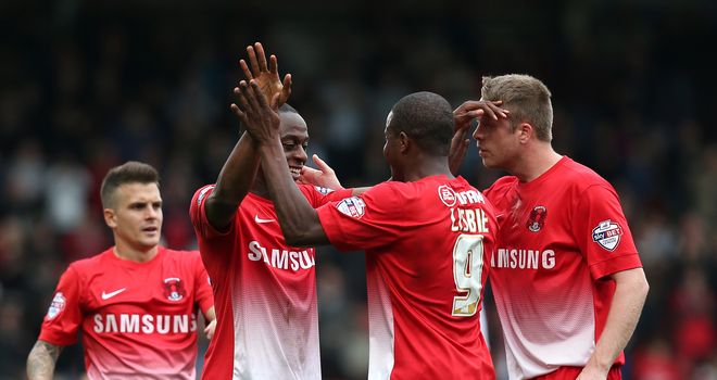 Moses Odubajo and Kevin Lisbie: Celebrate goal