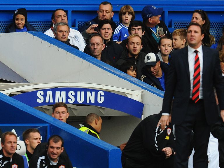 Mourinho sits in the stands at Stamford Bridge