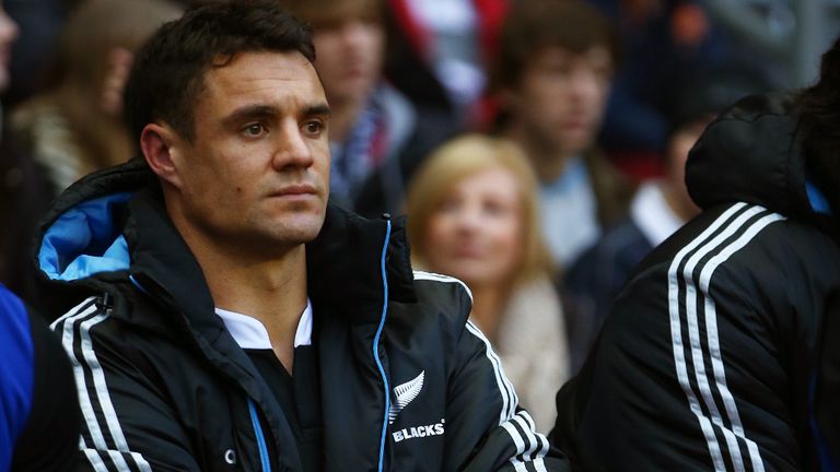 Dan Carter sits on the bench at Twickenham after Achilles injury