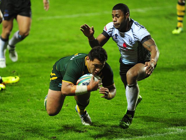 Josh Papalii scores a try for Australia