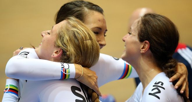Great Britain's women's team pursuit riders celebrate their victory