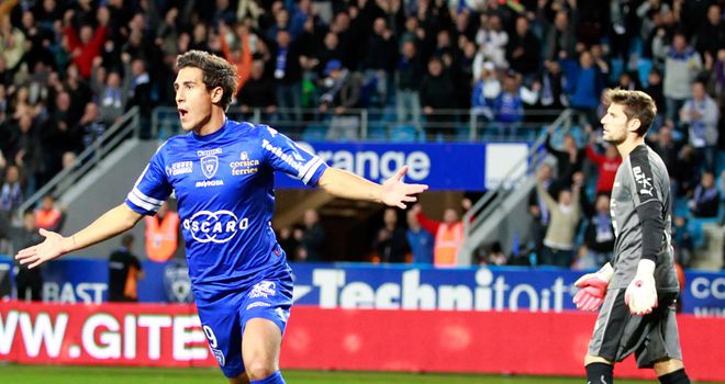 Gianni Bruno celebrates his goal for Bastia