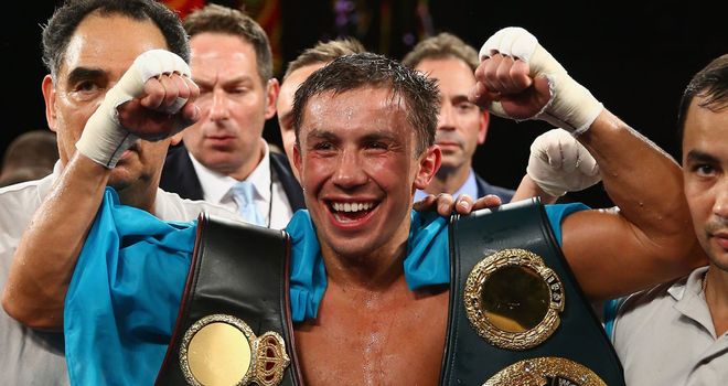 Gennady Golovkin celebrates after defending his WBA and IBO titles