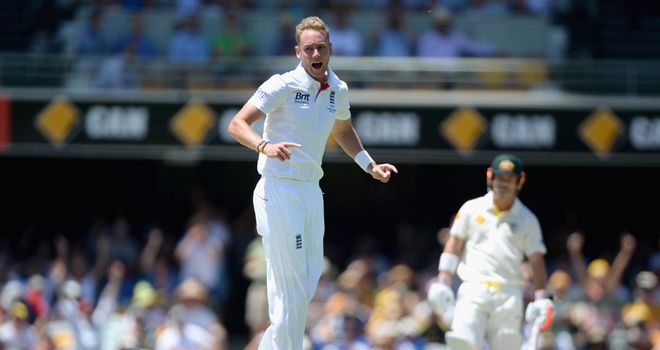 Stuart Broad celebrates dismissing Chris Rogers