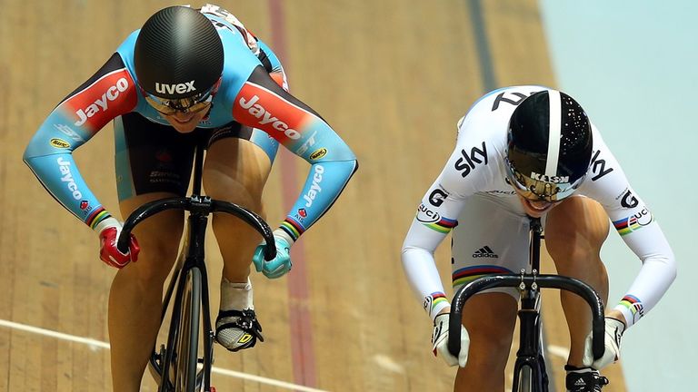 Anna Meares, left, and Becky James go head-to-head at the Track Cycling World Cup in Manchester in November