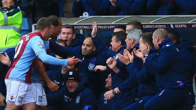 Gabriel Agbonlahor: Celebrates his opener with Villa team