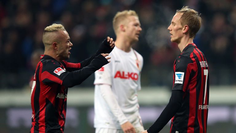 Jan Rosenthal (r) is congratulated on his equaliser by Stephan Schroeck
