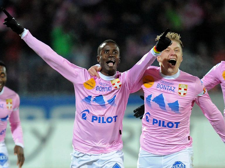 Modou Sougou celebrates his goal for Evian