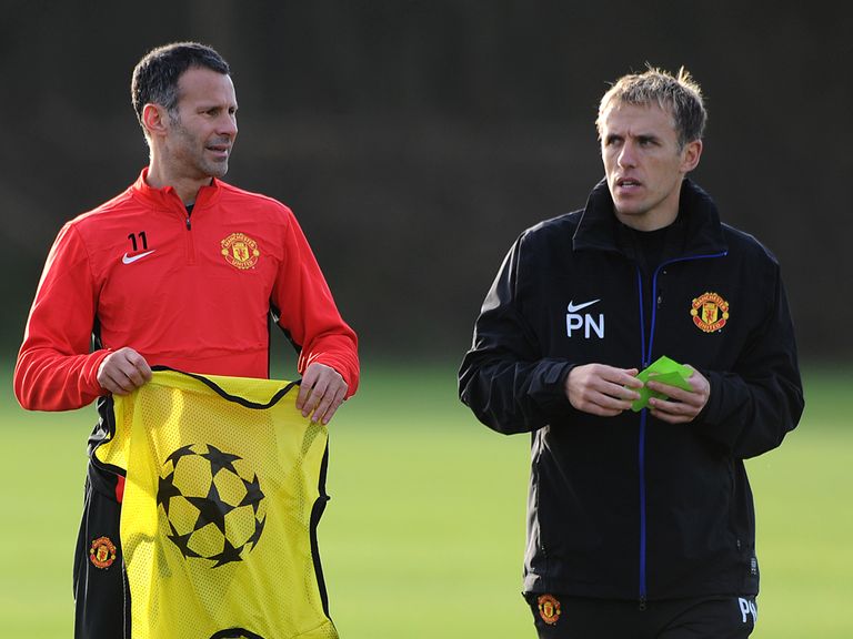 Ryan Giggs and Phil Neville at a Man United training session