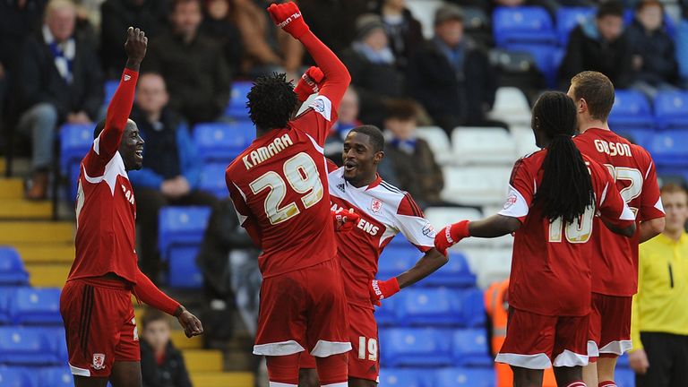 Mustapha Carayol (centre): Scored twice for Middlesbrough at Blackpool