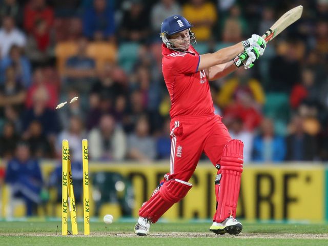 England's Luke Wright is clean bowled in Hobart