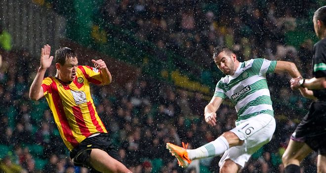 Joe Ledley fires Celtic in front in the Glasgow derby against Partick