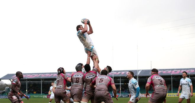 Dean Schofield of Worcester plucks a line out ball out of the air during the win over Oyonnax