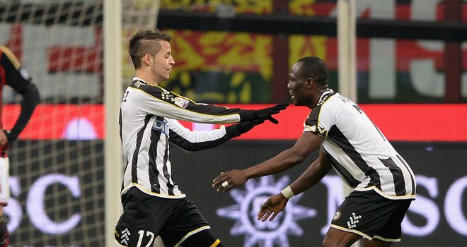 Nico Lopez (left): Celebrates his goal for Udinese