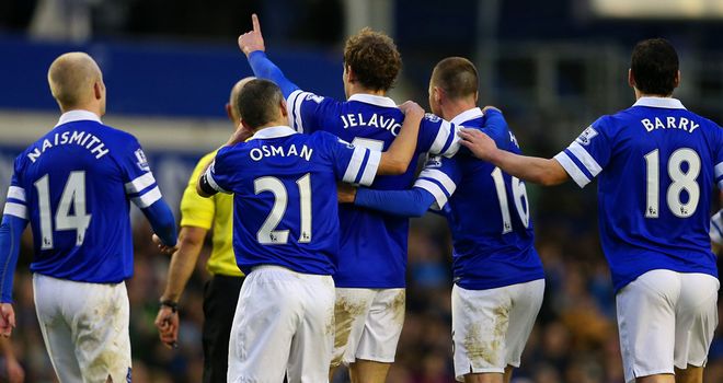Nikica Jelavic: The striker celebrates after scoring in the win over QPR