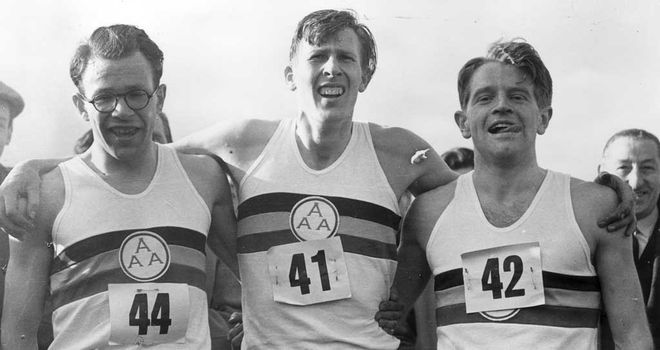 Sir Chris Chataway (R) with Chris Brasher (L) and Sir Roger Bannister (C) after first four-minute mile