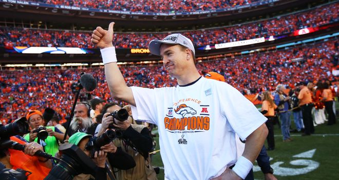 Peyton Manning #18 of the Denver Broncos celebrates after they won the AFC Championship Game