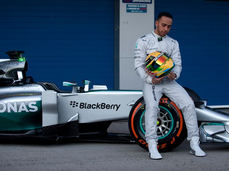 British driver Lewis Hamilton poses during the unveiling of the Mercedes AMG Petronas W05