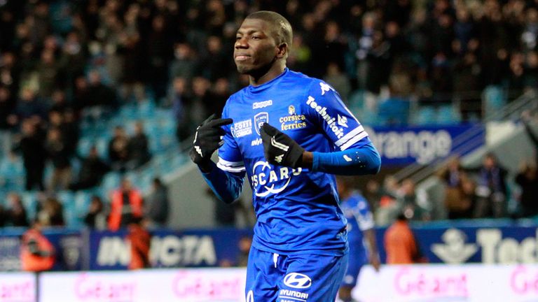 Bastia's midfielder Adama Ba celebrates