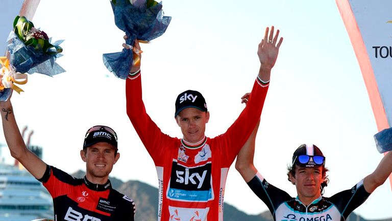 Chris Froome claimed victory ahead of Tejay van Garderen, left, and Rigoberto Uran, right