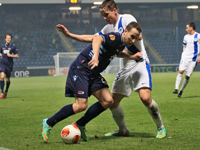 Liberec Josef Sural (right) and AZ Alkmaar's forward Roy Beerens