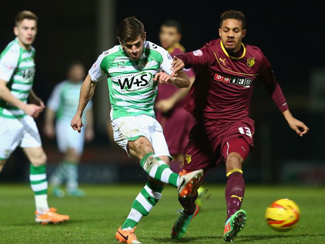 Joseph Edwards of Yeovil has an attempt on goal