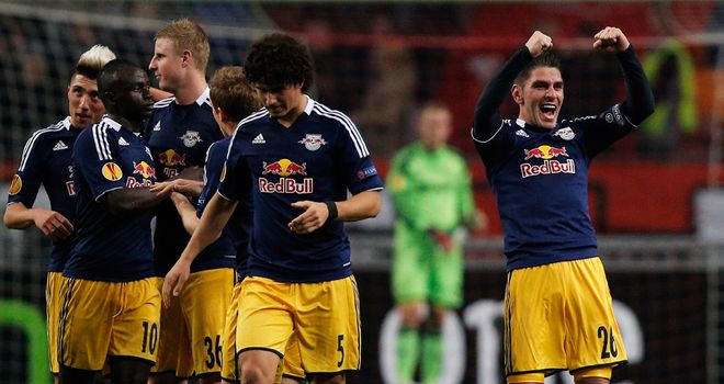Jonathan Soriano (right): Celebrates his superb goal for Salzburg at Ajax