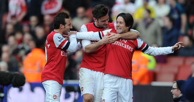Tomas Rosicky celebrates scoring Arsenal's third goal of the day