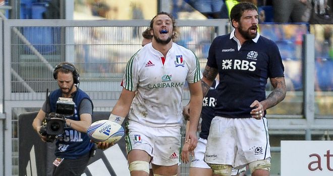 Josh Furno (centre) celebrates his try against Scotland this year