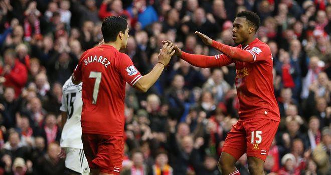 Daniel Sturridge: Celebrates with Luis Suarez after netting against Swansea