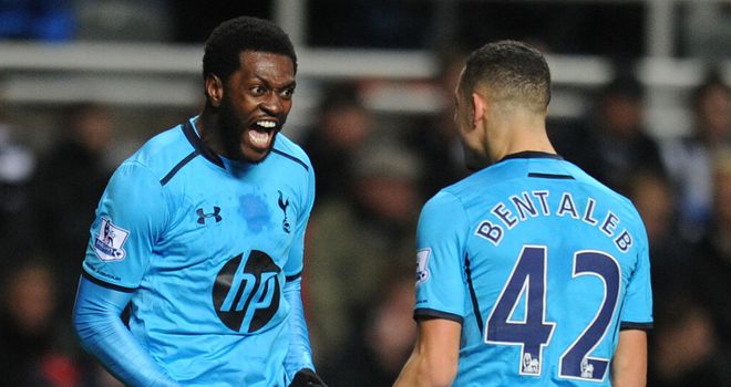 Emmanuel Adebayor: Celebrates his first goal at St James' Park